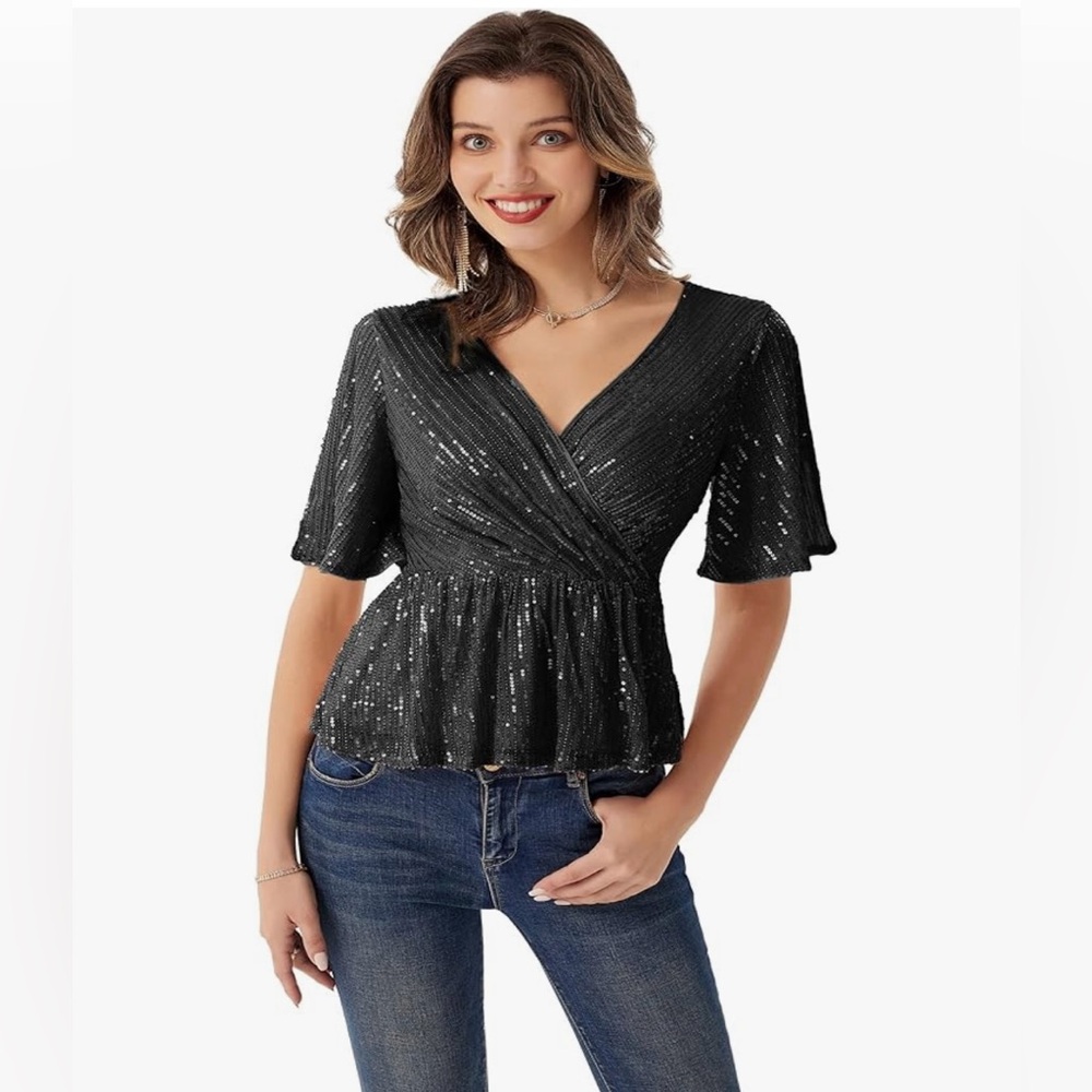 Grace Karin Formal Sequined Black top. Sz Large.
